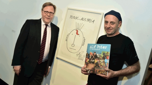 Bank Austria Vorstandsvorsitzender Willibald Cernko und Alf Poier eröffnen die Ausstellung © Christian Jobst