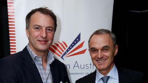 IAB-Vizepräsident André Eckert mit Hilton Country General Manager Austria Norbert B. Lessing bei den AmCham Talks © Roland Rudolph
