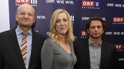 Die ORF III Kultur und Information-Geschäftsführer Peter Schöber und Eva Schindlauer mit ORF-Enterprise CEO Oliver Böhm bei der Programmpräsentation im MuTH - Theatersaal © Thomas Jantzen