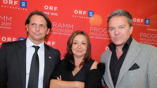 Oliver Böhm, Monika Eigensperger und ALfons Haider bei der ORF-Programmpräsentation 2016 © ORF