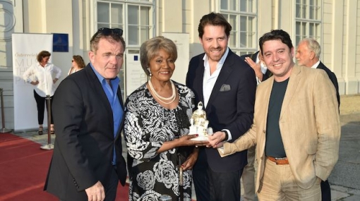 Cornelius Obonya, Grace Bumbry, Dsaniel Serafin und Karl-Michael Ebner beim Cocktail für Grace Bumbry im Schloss Augarten © Christian Jobst