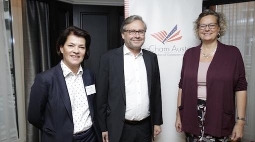 AmCham Business Breakfast im Hilton Vienna Plaza: Daniela Homan, Alexander Wrabetz und Sandra Kolleth © Roland Rudolph