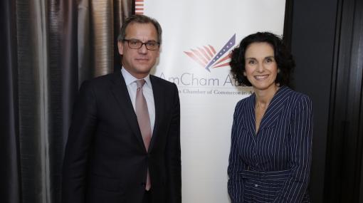 Tatjana Oppitz und Bundesrechenzentrum-Geschäftsführer Markus Kaiser beim Business Breakfast der American Chamber of Commerce in Austria im Hilton Vienna Plaza © Roland Rudolph