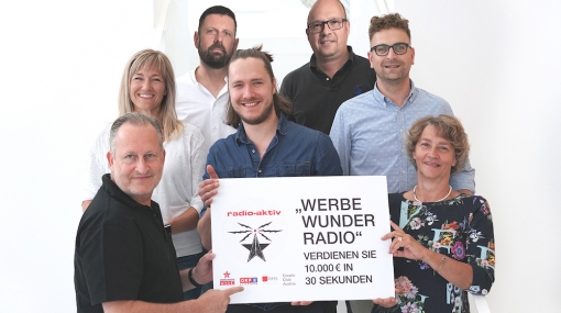 Werbewunder Radio: Edmund Hochleitner (WIEN NORD), Helena Luczynski (Frau Text), David Hassbach (Gewinner), Clemens Marx (Marx Tonkombinat), Christian Forster (ORF-ENterprise), Reinhard Schwarzinger (CCA) und Doris Ragetté (RMS Austria) © Creativ Club Austria