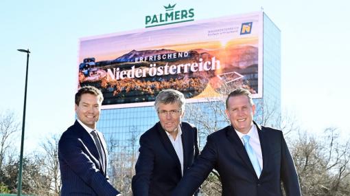 Startschuss für Number One am Palmers-Hochhaus: Ralph Hofmann (Palmers), Martin Schuster (NÖ Landtag) und Michael Müllner-Baatz (Number One) © Christian Jobst