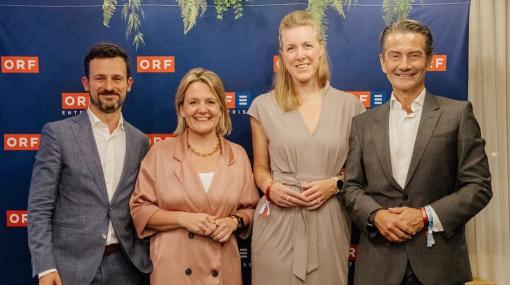 MIPCOM 2025: Armin Luttenberger (ORF-Enterprise), Stefanie Groiss-Horowitz (ORF-Programmdirektorin), Eva Schindlauer (Kaufmännische Direktorin ORF) und Roland Weissmann (ORF-Generaldirektor) © Alban Pichon