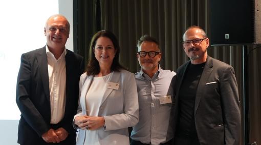 egta CEO Summit 2026 in Wien: Heinz Mosser (ORF-Enterprise), Mario Frühauf (RMS Austria), Corinna Drumm (Verband Österreichischer Privatsender), Thierry Mars (egta) © Christoph Oberüber