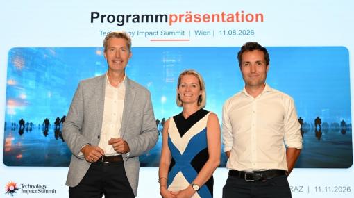 Programmpräsentation des Technology Impact Summit 2026 in Wien: Markus Fallenböck (Universität Graz), Magdalena Hankus (Hankus3sixty) und Martin Holler (Universität Graz) in der Wiener Eventlocation "Sophie7" © Christian Jobst
