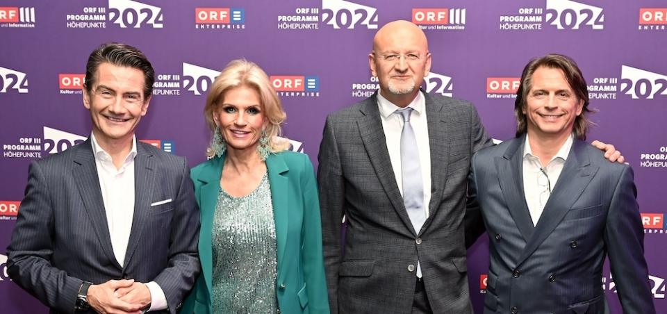 Programmpräsentation ORF III 2024 im Globe Wien: Peter Schöber, Kathrin Zierhut-Kunz- Roland Weißmann und Oliver Böhm © Christian Jobst