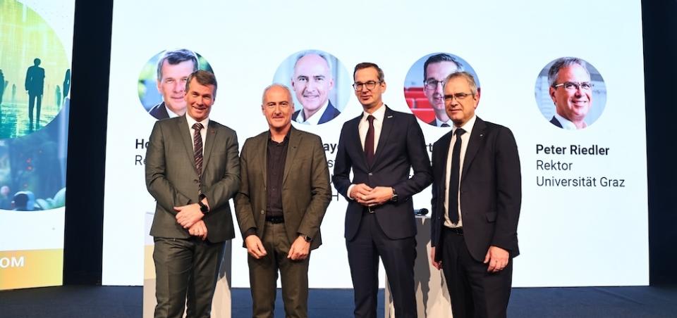 Technology Impact Summit 2025: Horst Bischof (Technische Universität Graz), Heinz Mayer (JOANNEUM RESEARCH), Martin Payer (FH JOANNEUM) und Peter Riedler (Universität Graz) © Hankus3sixty/Christian Mikes