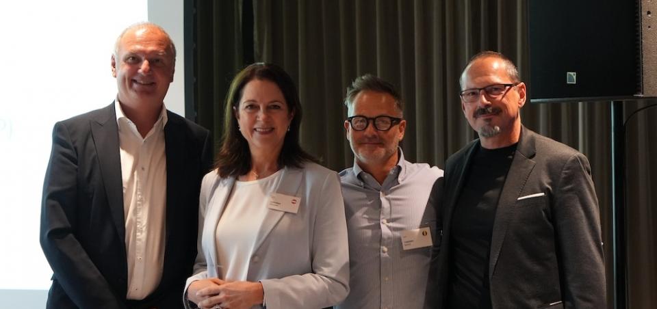 egta CEO Summit 2026 in Wien: Heinz Mosser (ORF-Enterprise), Mario Frühauf (RMS Austria), Corinna Drumm (Verband Österreichischer Privatsender), Thierry Mars (egta) © Christoph Oberüber