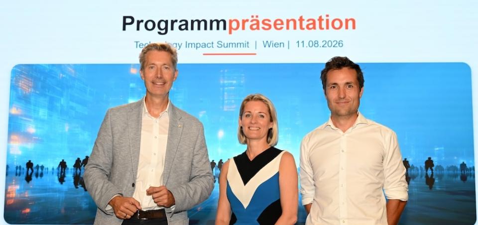 Programmpräsentation des Technology Impact Summit 2026 in Wien: Markus Fallenböck (Universität Graz), Magdalena Hankus (Hankus3sixty) und Martin Holler (Universität Graz) in der Wiener Eventlocation "Sophie7" © Christian Jobst Programmpräsentation des Technology Impact Summit 2026 in Wien: Markus Fallenböck (Universität Graz), Magdalena Hankus (Hankus3sixty) und Martin Holler (Universität Graz) in der Wiener Eventlocation "Sophie7" © Christian Jobst
